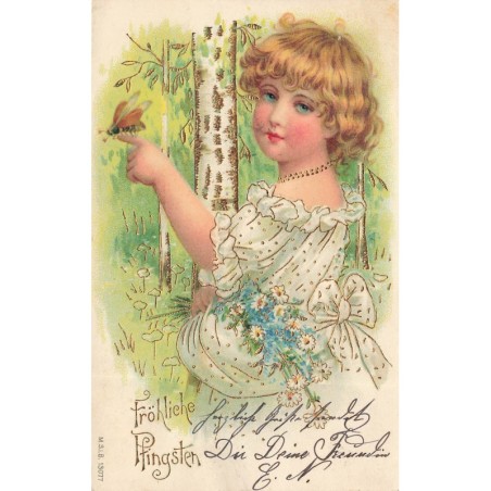 n°29576 - Carte Gaufrée - MSIB 13077 - Fröhliche Pfingsten - Fillette avec un hanneton sur un doigt