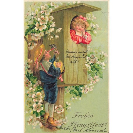 n°29577 - Carte Gaufrée - Pentecôte - Fröhes Pfingstfest - Garçon jouant de la mandoline pour une jeune fille