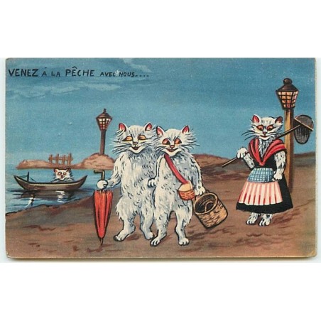 n°10363 - Carte Illustrateur - Style Boulanger - Venez à la Pêche avec nous - Chats Habillés