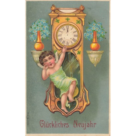 n°29581 - Carte Gaufrée - MSIB 13951 - Glückliches Neujahr - Ange accroché sur une pendule