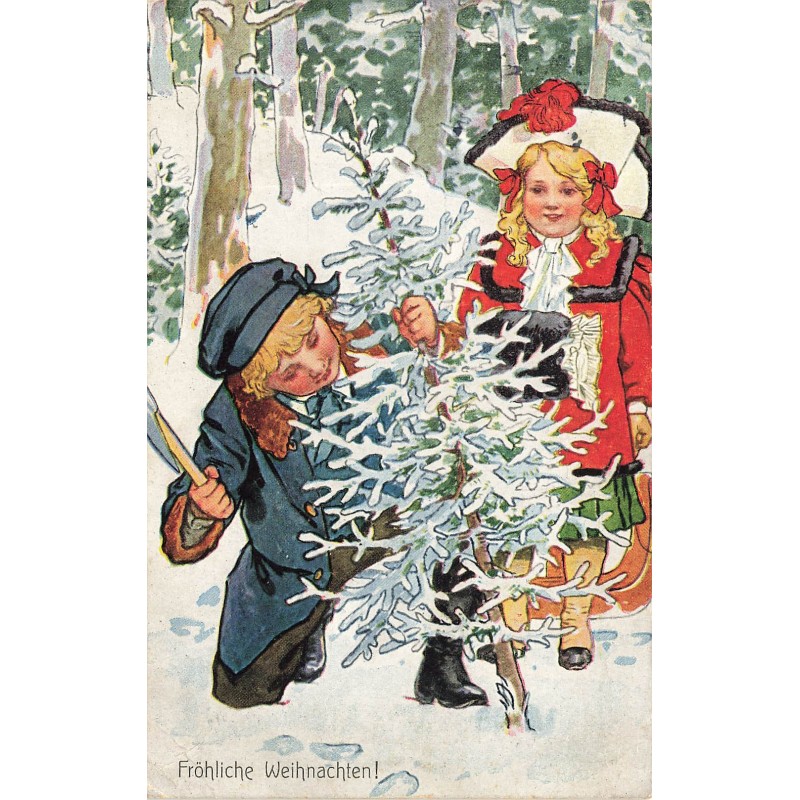 n°29585 - Noël - Fröhliche Weihnachten - Jeune fille regardant un garçon qui coupe un sapin dans la forêt