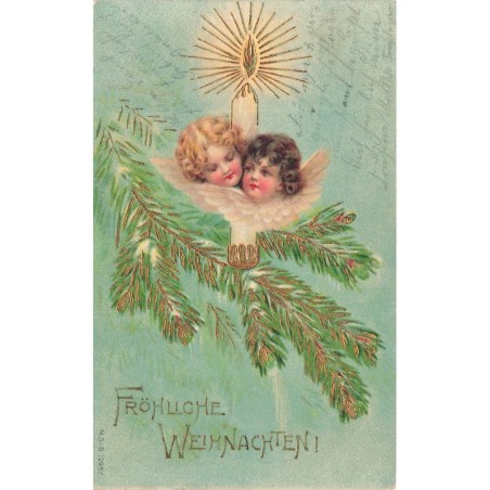 n°29586 - Carte Gaufrée - MSIB 12967 - Fröhliche Weihnachten - Têtes d'ange sur une bougie, et une branche de sapin