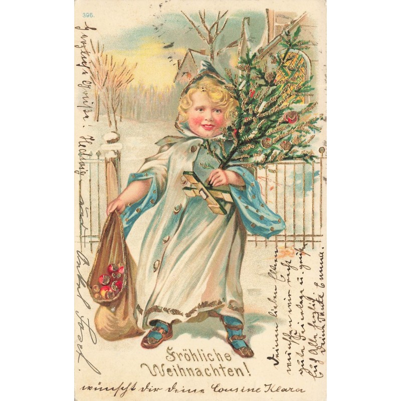 n°29588 - Carte Gaufrée - Noël - Fröhliche Weihnachten - Fillette apportant un sapin, et un sac rempli de pommes