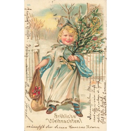 n°29588 - Carte Gaufrée - Noël - Fröhliche Weihnachten - Fillette apportant un sapin, et un sac rempli de pommes