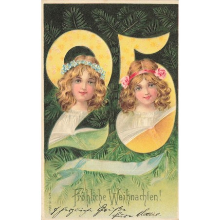 n°29589 - Carte Gaufrée - MSIB 1354 - Fröhliche Weihnachten - Portrait de 2jeunes filles avec des couronnes de fleurs