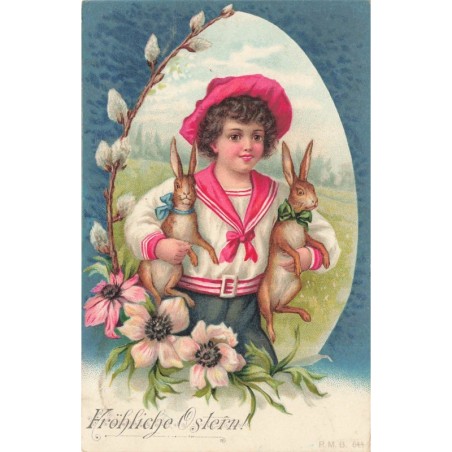 n°29593 - Pâques - Fröhliche Ostern - Garçon portant deux lièvres