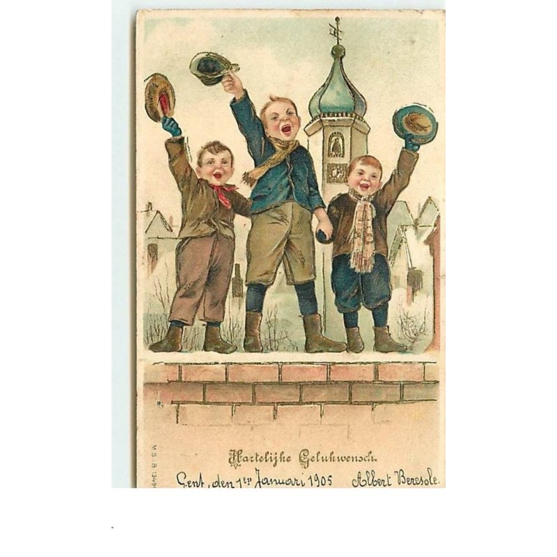 n°13638 - Carte Gaufrée - Hartelijke Gelukwensch - Garçons saluant