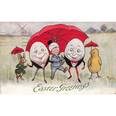 n°29594 - F.C. Lewin - Easter Greetings - Garçon marchant avec deux oeufs humanisés