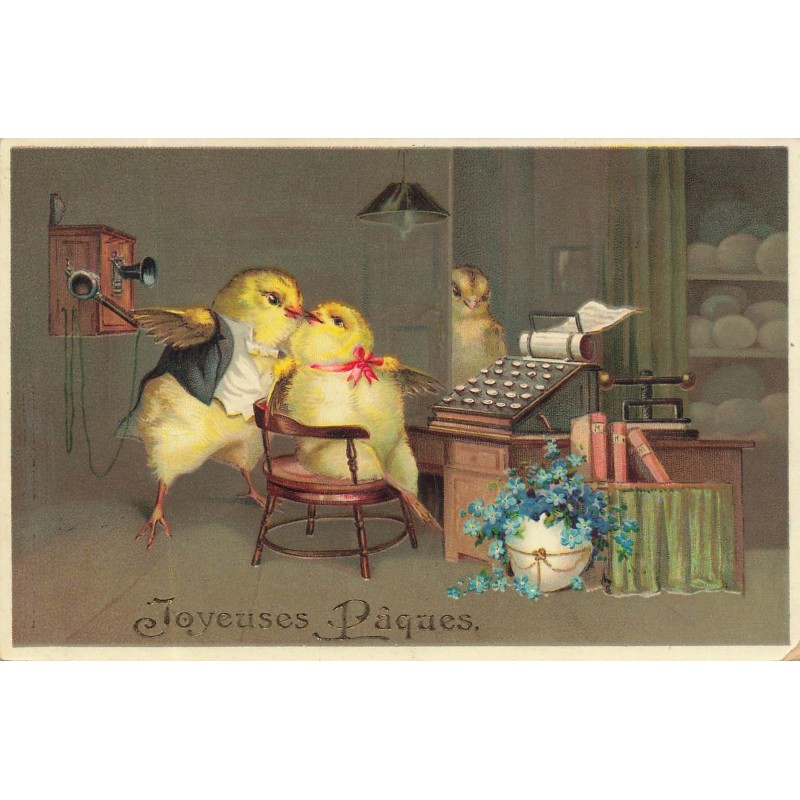 n°29595 - Joyeuses Pâques - Poussins habillés s'embrassant dans un bureau