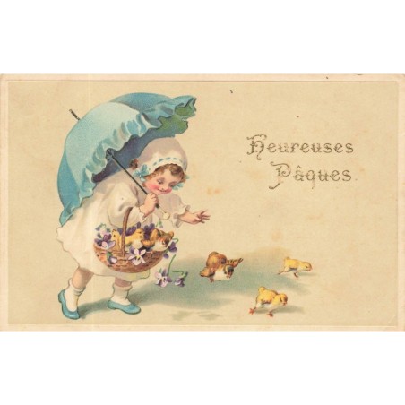 n°29596 - Heureuses Pâques - Fillette portant un panier rempli de poussins