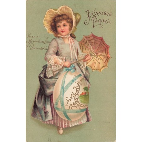 n°29597 - Clapsaddle - Joyeuses Pâques - Jeune fille portant une ombrelle et un gros oeuf