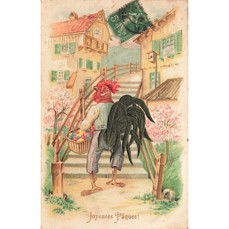 n°29598 - Carte Gaufrée - Joyeuses Pâques - Coq habillé portant un panier rempli d'oeufs