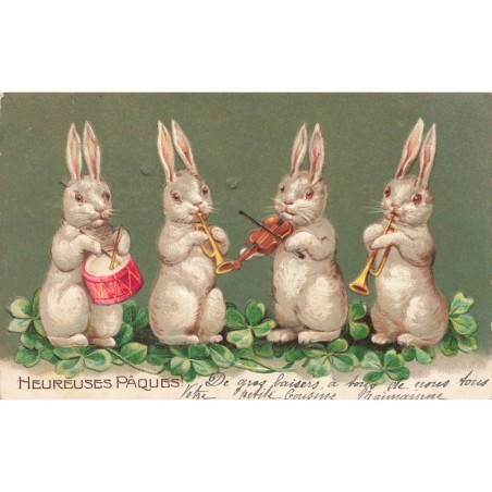 n°29599 - Carte Gaufrée - Clapsaddle - Heureuses Pâques - Lapins jouant de la musique