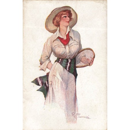 n°29601 - Illustrateur R. Franzoni -Jeune femme en tenue de sport, tenant une raquette de tennis