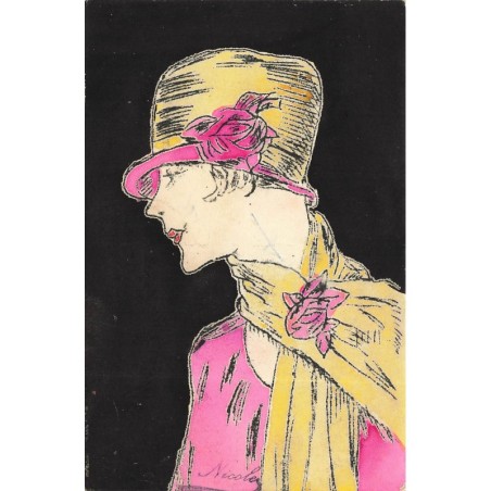 n°29602 - Illustrateur - Jeune femme portant une robe rose et un chapeau jaune ornée d'une rose - Mode