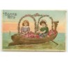 n°13640 - Carte Gaufrée - Bonne Fête - Couple d'enfant dans une barque fleurie