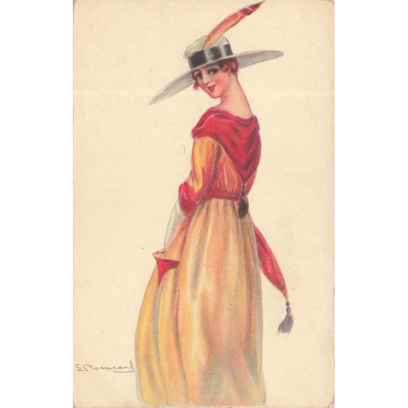 n°29604 - Illustrateur S. Bompard - Jeune femme légèrement de dos, portant un chapeau avec une plume - Mode