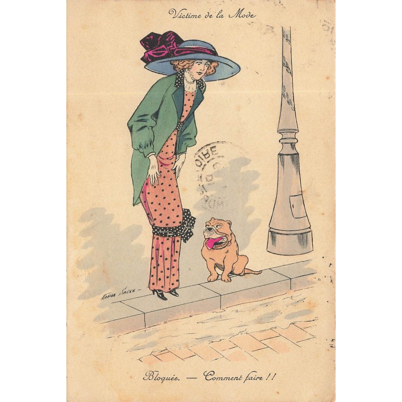n°29608 - Illustrateur Xavier Sager - Victime de la Mode - Bloquée - Comment faire !! - Une femme et un bouledogue