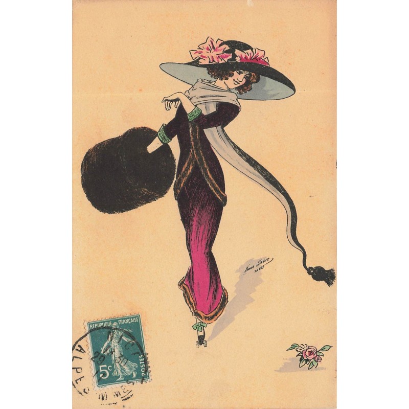 n°29609 - Illustrateur Xavier Sager - Jeune femme avec un manchon et une longue écharpe