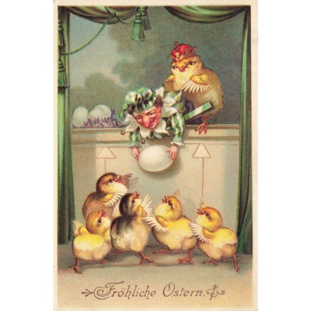 n°29615 - Carte Gaufrée - Fröhliche Ostern - Marionnette donnant un oeuf à des poussins - Guignol