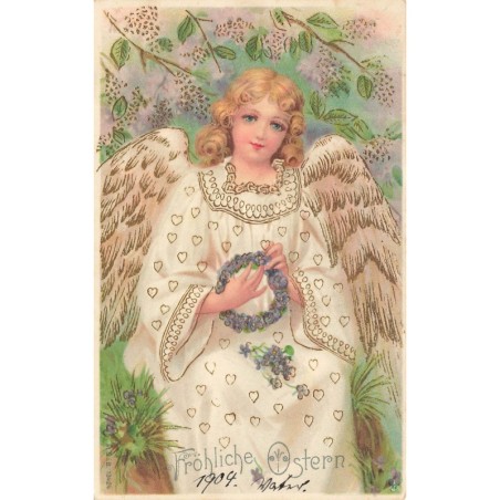 n°29616 - Carte Gaufrée - MSIB 13424 - Fröhliche Ostern - Ange faisant une couronne de fleurs