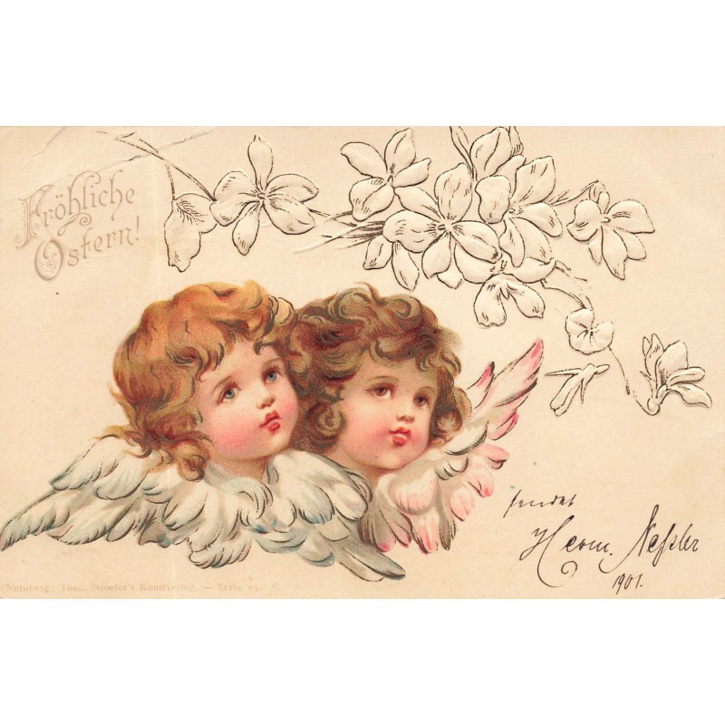 n°29617 - Carte Gaufrée - Stroefer's - Fröhliche Ostern - Deux anges regardant des fleurs au-dessus de leurs têtes
