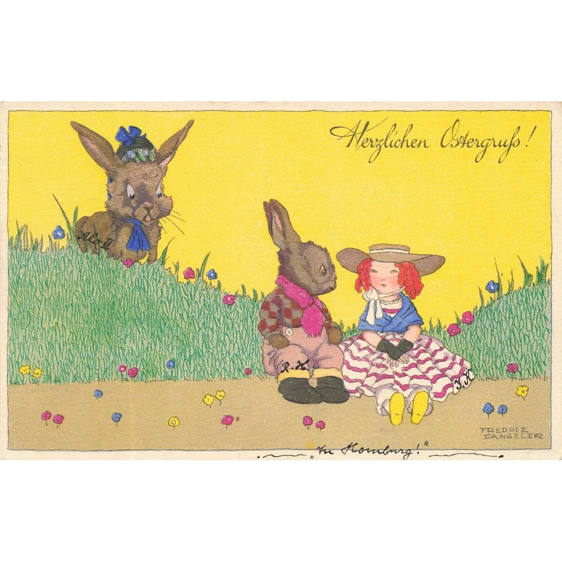 n°29619 - Pâques - Herzlichen Ostergruss - Lapins et une poupée - Illustrateur Freddie Langeler