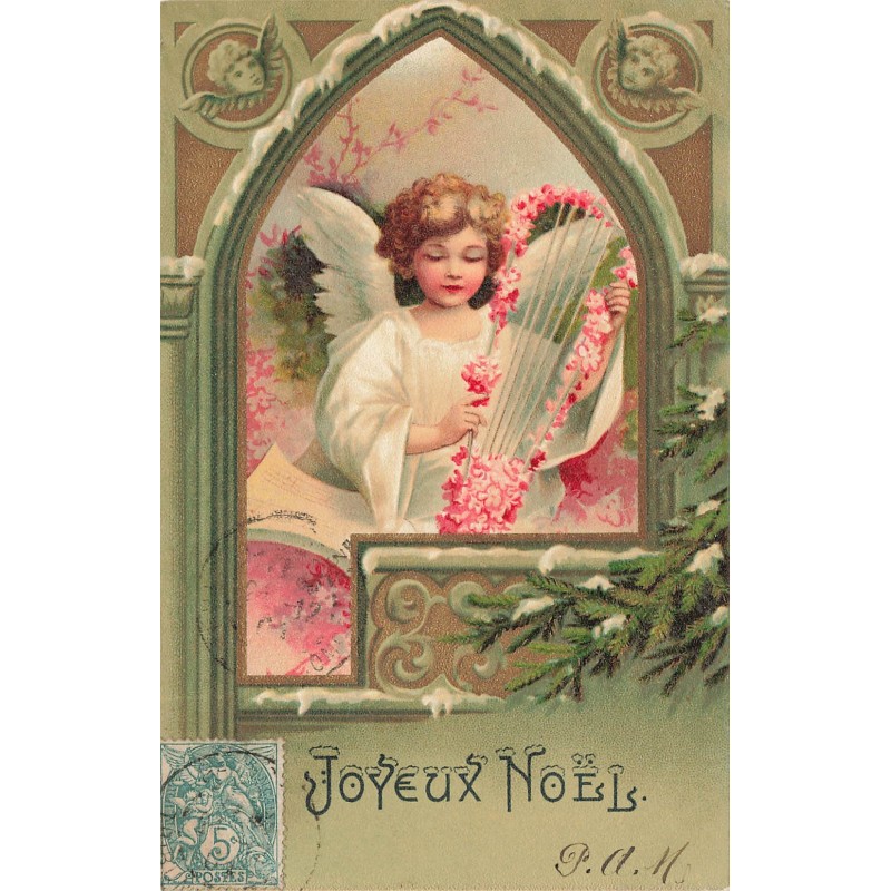 n°29620 - Clapsaddle - Joyeux Noël - Ange jouant sur une lyre fleurie