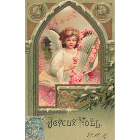 n°29620 - Clapsaddle - Joyeux Noël - Ange jouant sur une lyre fleurie