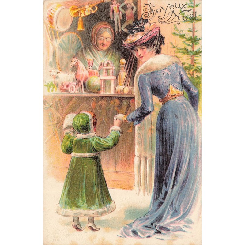 n°29621 - Carte Gaufrée - Joyeux Noël - Une fillette et sa mère regardant un stand de marchande de jouets