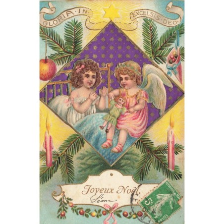 n°29622 - Carte Gaufrée - Joyeux Noël - Une fillette, un ange jouant avec une poupée