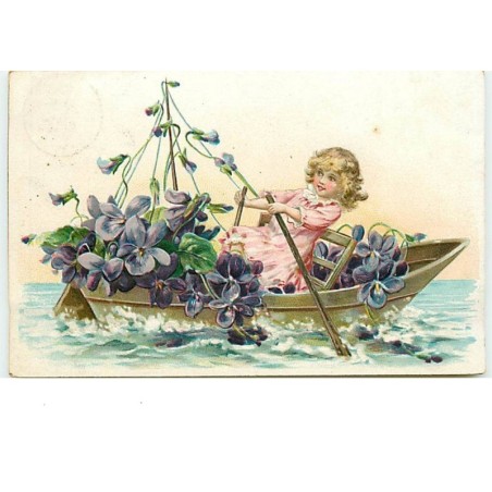 n°13643 - Carte Gaufrée - Fillette ramant dans une barque remplie de violettes