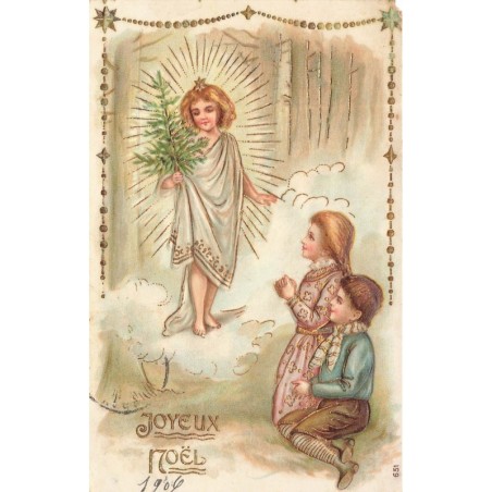 n°29624 - Carte Gaufrée - Joyeux Noël - Enfants priant près d'un ange apportant un sapin