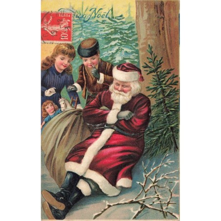 n°29625 - Carte Gaufrée - Joyeux Noël - Enfants regardant dans le sac du Père Noël endormi