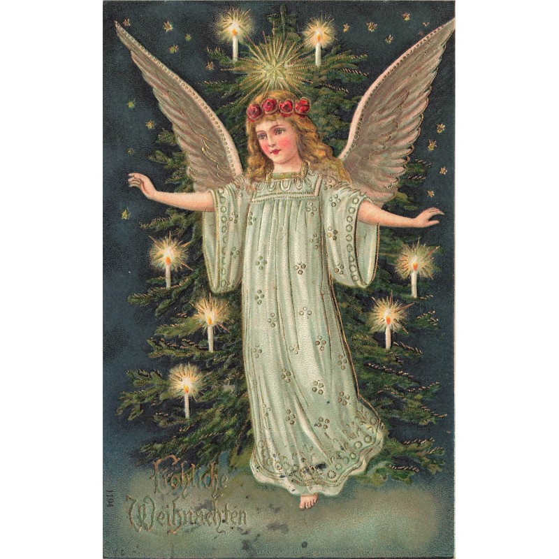 n°29627 - Carte Gaufrée - Noël - Fröhliche Weihnachten - Ange devant un sapin décoré avec des bougies