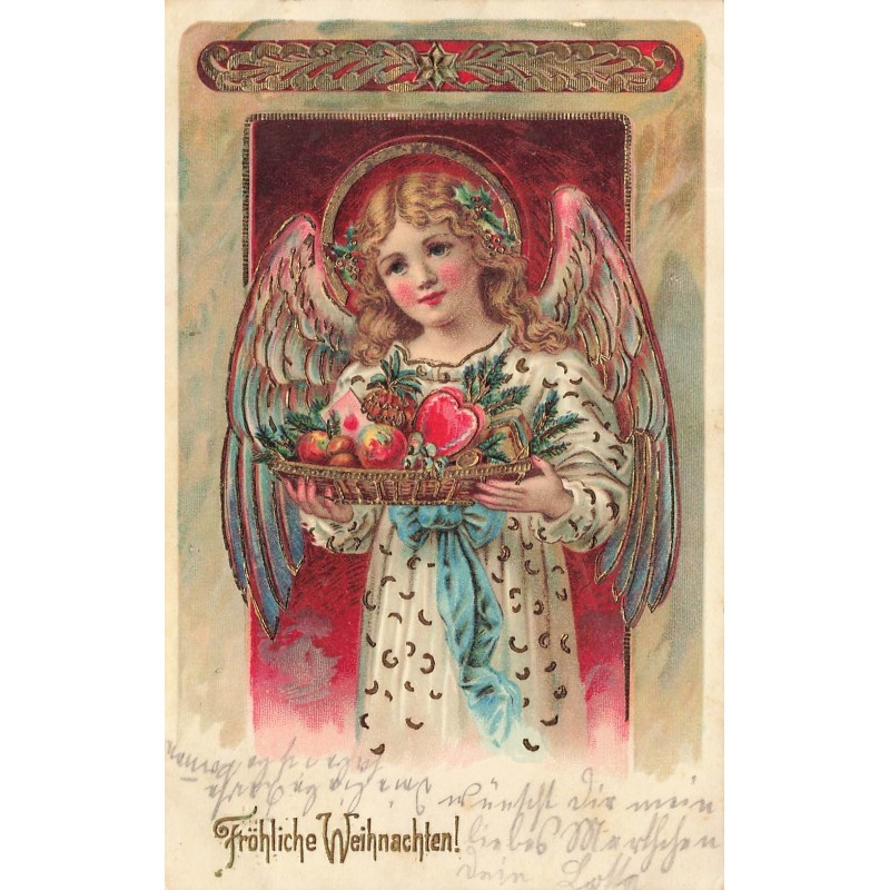 n°29628 - Carte Gaufrée - Noël - Fröhliche Weihnachten - Ange portant un plateau rempli de fruits