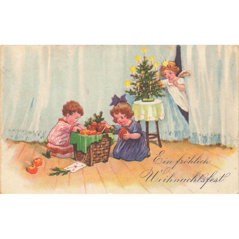 n°29631 - Noël - Ein Fröhliche Weihnachtsfest - Ange regardant des enfants près d'une hotte remplie de pommes