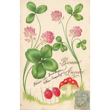 n°29632 - Carte Gaufrée - Bonne Année - Coccinelles humanisées marchant près de champignon et de trèfles