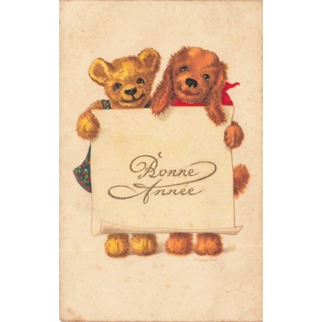 n°29633 - F. Schenkel - Bonne Année - Ours et chien en peluche - Teddy Bear