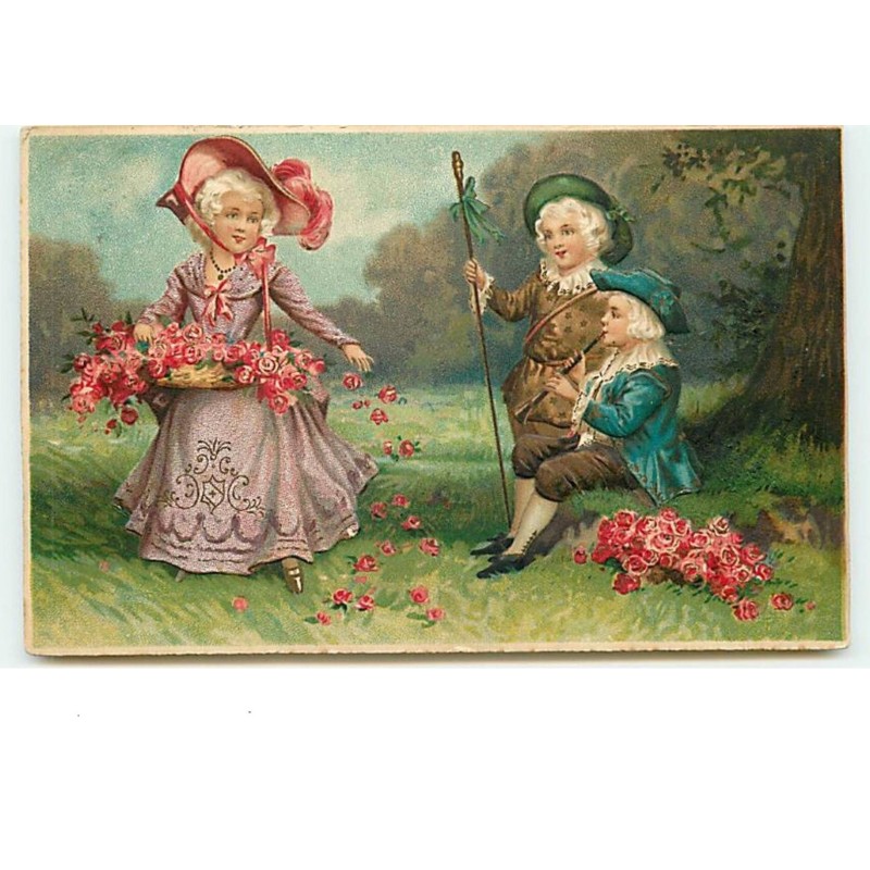 n°13644 - Carte Gaufrée - Jeunes garçons avec une jeune femme portant un panier rempli de roses