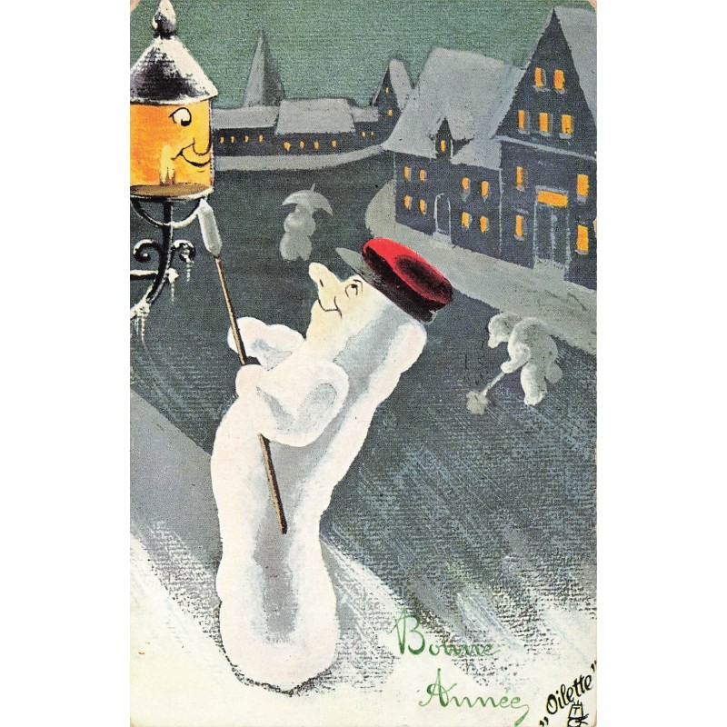 n°29634 - Nouvel An - Bonne Année - Bonhomme de neige près d'une lanterne de ville humanisée -Oilette