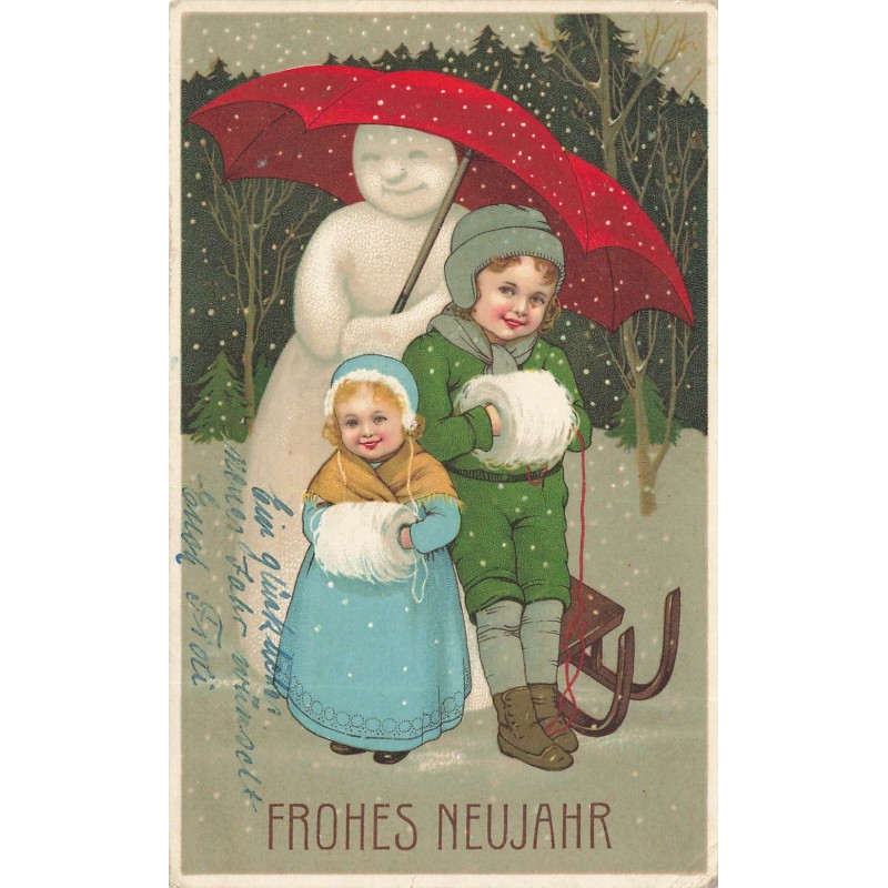 n°29636 - Flatscher - Frohes Neujahr - Un bonhomme de neige et des enfants se protégeant de la neige sous un parapluie