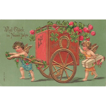 n°29640 - Carte Gaufrée - MSIB 13811 - Viel Glück im Neuen Jahre - Anges tirant et poussant une calèche