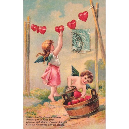 n°29650 - Carte Gaufrée - 6247 - Anges lavant et étendant des coeurs