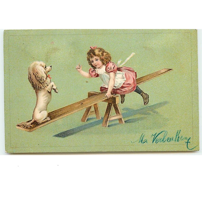 n°13647 - Carte Gaufrée - Fillette faisant de la balancelle avec un caniche