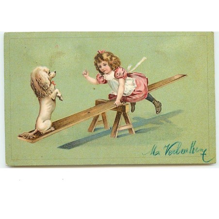 n°13647 - Carte Gaufrée - Fillette faisant de la balancelle avec un caniche
