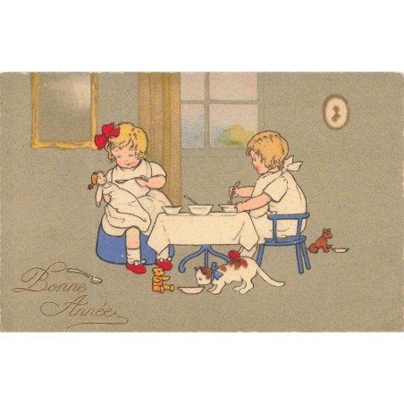 n°29665 - Baumgarten - Bonne Année - Fillettes prenant le thé avec une poupée et des ours en peluche - Teddy Bear - chat