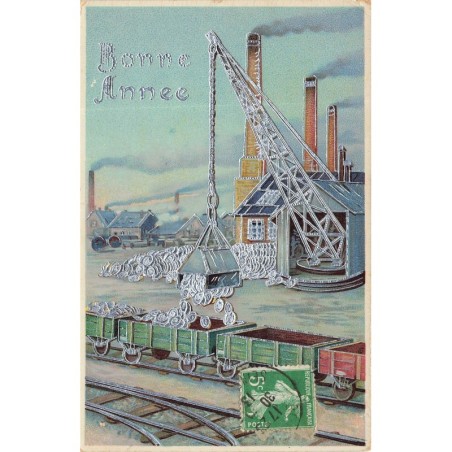 n°29666 - Bonne Année - Grue remplissant de pièces de monnaie des wagons