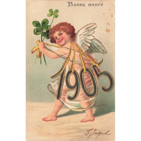 n°29669 - Carte Gaufrée - Clapsaddle - Bonne Année 1905 - Ange portant les chiffres, et tenant des trèfles