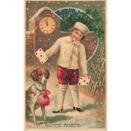 n°29672 - Carte Gaufrée - Bonne Année - Enfant apportant des lettres près d'un chien sous la neige